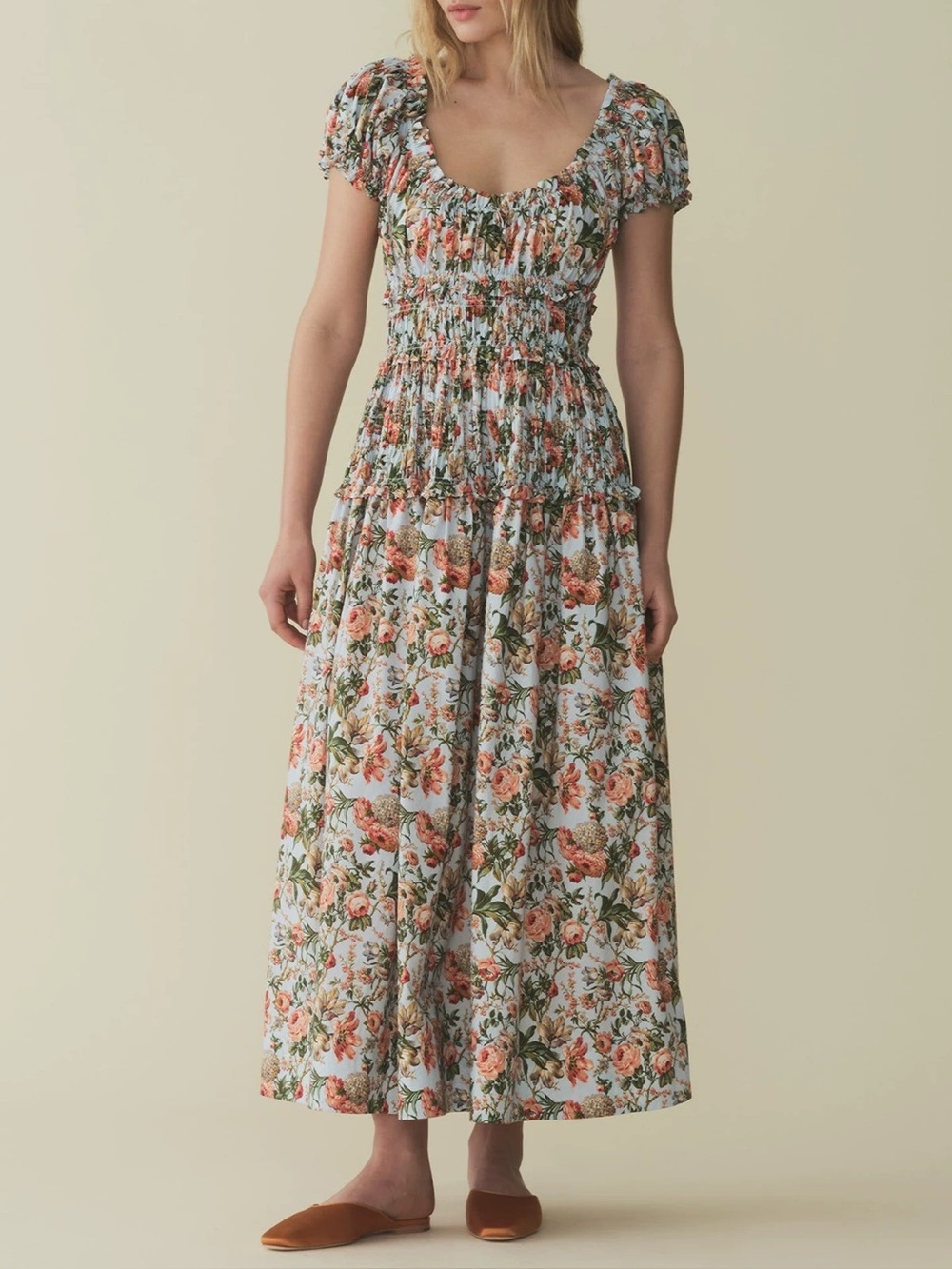 Doen Blue Leanne Floral-Print Cotton Midi Dress, XS